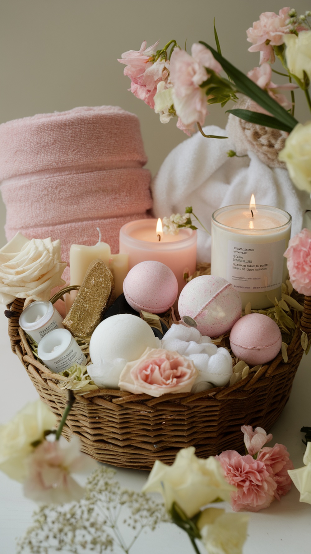 A cozy spa day gift basket filled with bath bombs, candles, and soft towels.