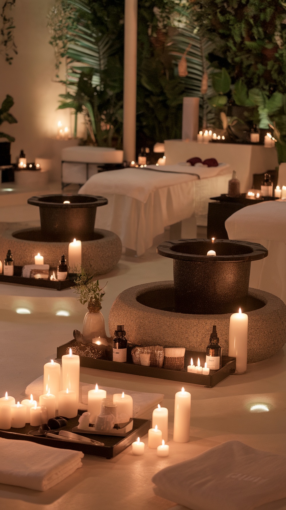 A serene spa setting with candles, massage tables, and natural decor.