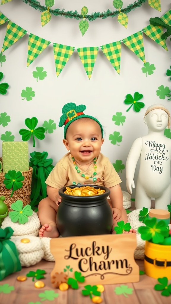 A 3-month-old baby in a leprechaun hat sitting next to a pot of gold, surrounded by green decorations for St. Patrick's Day.