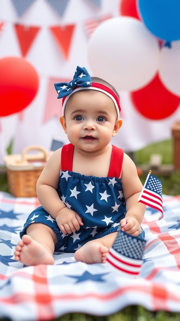 A 7-month-old baby in a star-patterned outfit with a bow, sitting on a blanket surrounded by red, white, and blue decorations.