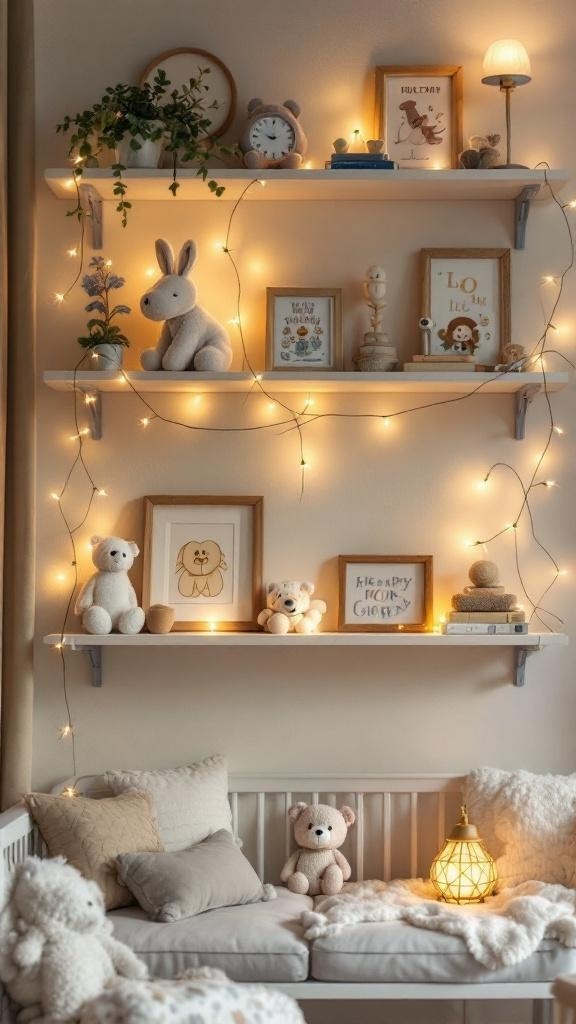 A beautifully styled nursery shelf with soft lighting, plush toys, and decorative frames.