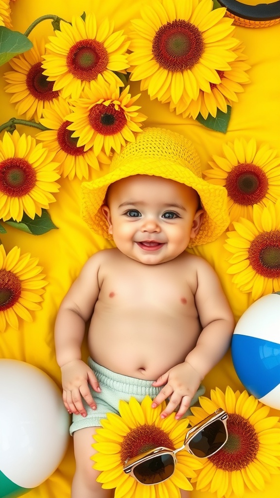 A happy baby wearing a yellow hat and sunglasses, surrounded by sunflowers and beach balls.