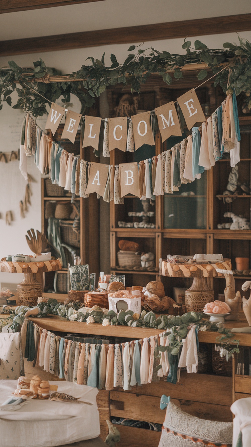 A beautifully decorated baby shower table with a garland and welcome banner.