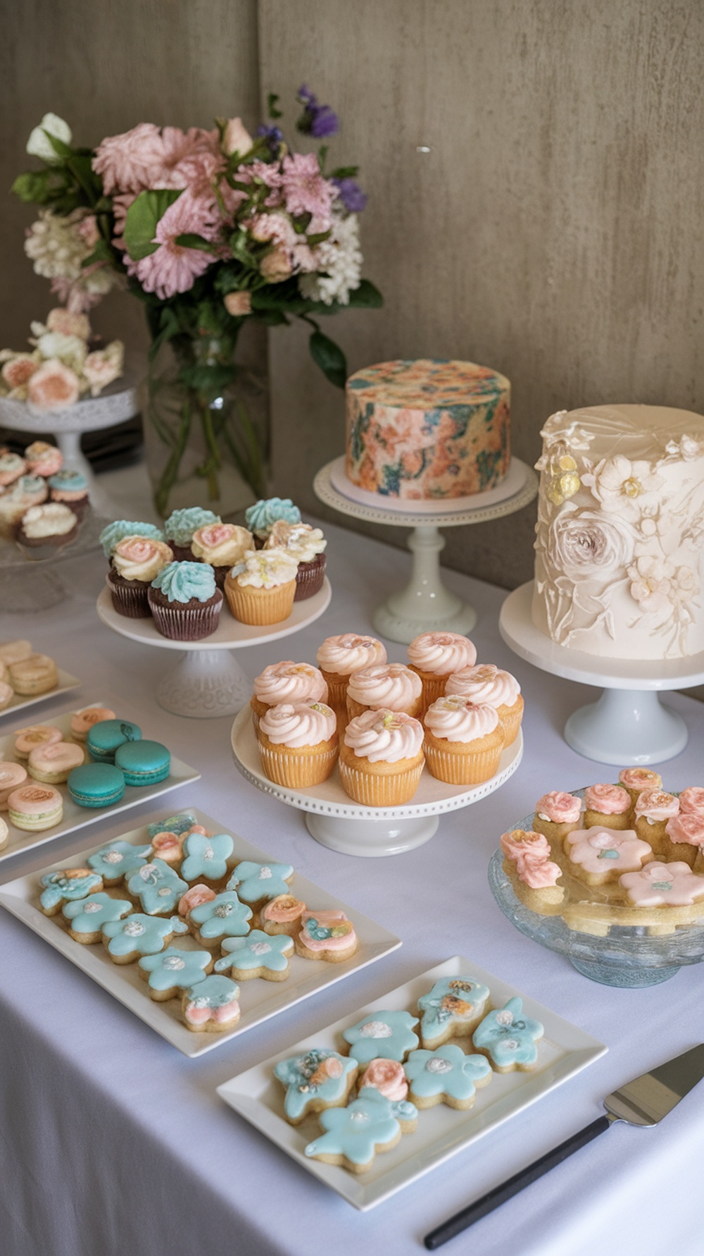 A beautifully arranged dessert table featuring floral-themed treats like cupcakes, cookies, and cakes.