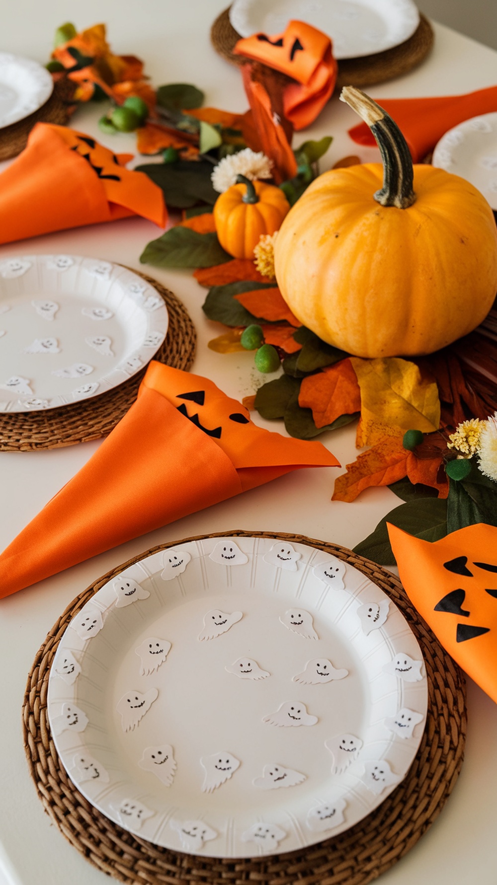 Table setting with white plates featuring ghost stickers and orange napkins folded into pumpkin shapes.