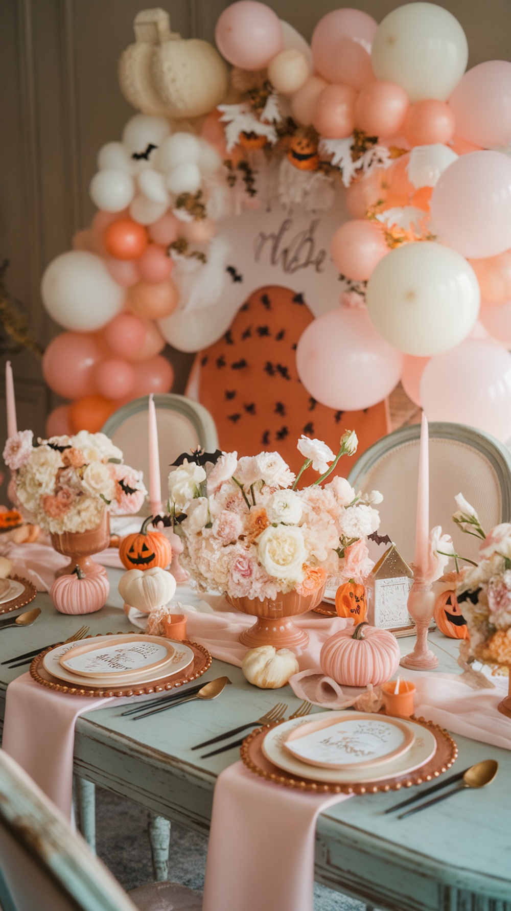 A beautifully decorated table for a baby shower with soft pastel colors, pumpkins, and floral arrangements.