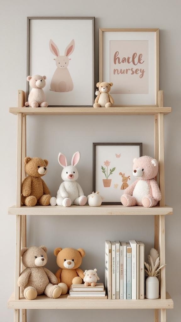 Stylish nursery shelf with stuffed animals and framed prints