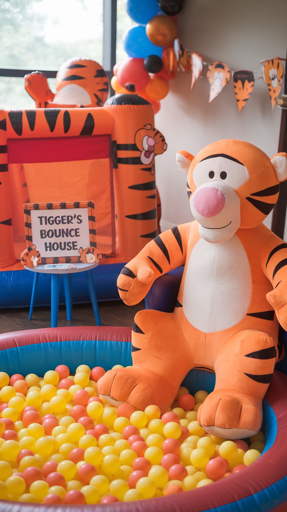 A colorful bounce house themed with Tigger, featuring a large Tigger plush and a ball pit filled with colorful balls.