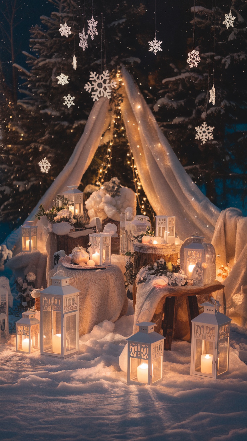 A cozy winter baby shower setup with soft blankets, twinkling lights, and snowflake decorations.