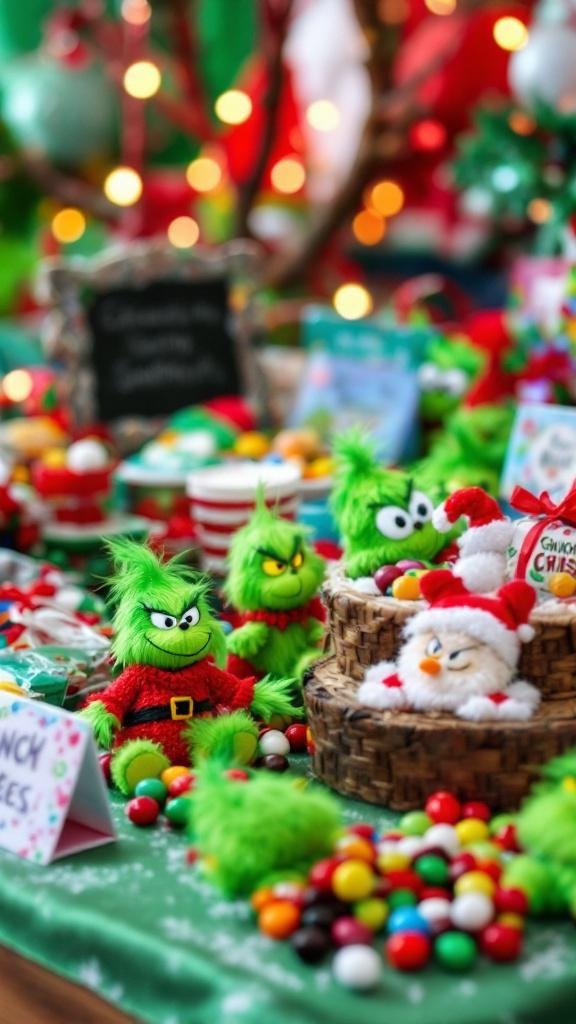 Colorful Grinch-themed decorations and treats for a baby shower.