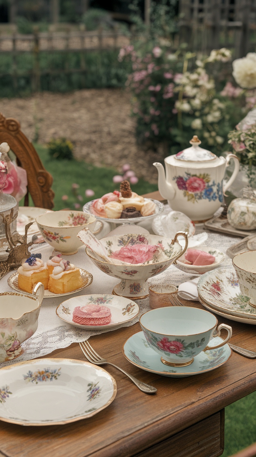 A beautifully arranged vintage tea party table with floral teacups, pastries, and a teapot.