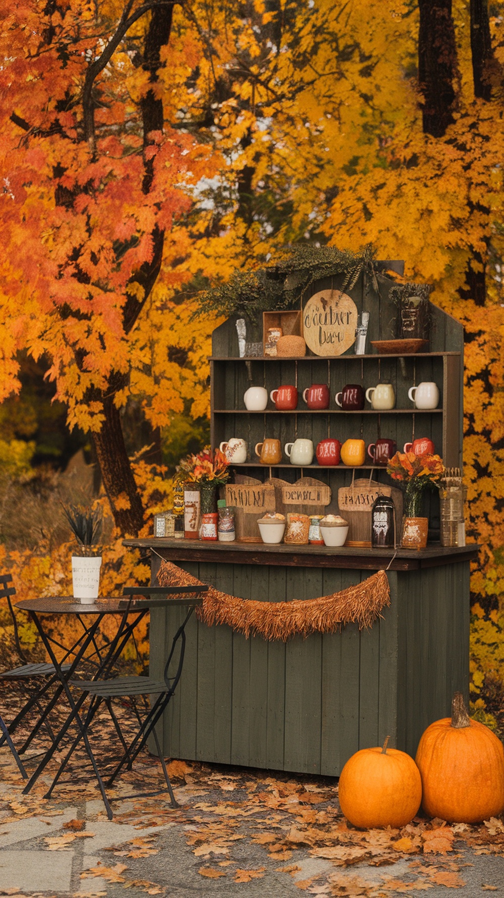 A warm apple cider bar with mugs and decorations in a fall setting.