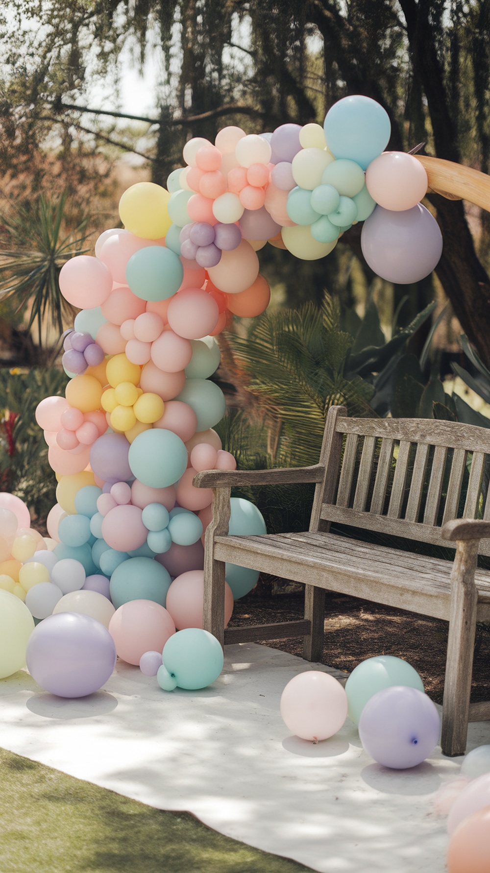 A colorful balloon arch made of pastel balloons in various sizes, with a wooden bench nearby.