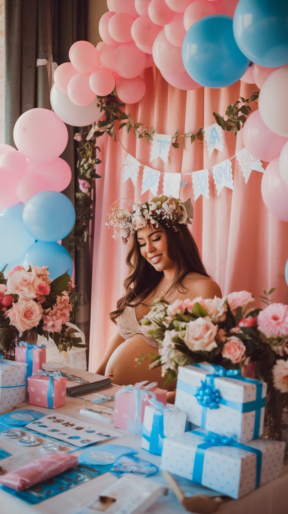 A pregnant woman wearing a flower crown, smiling at her baby shower surrounded by decorations and gifts.