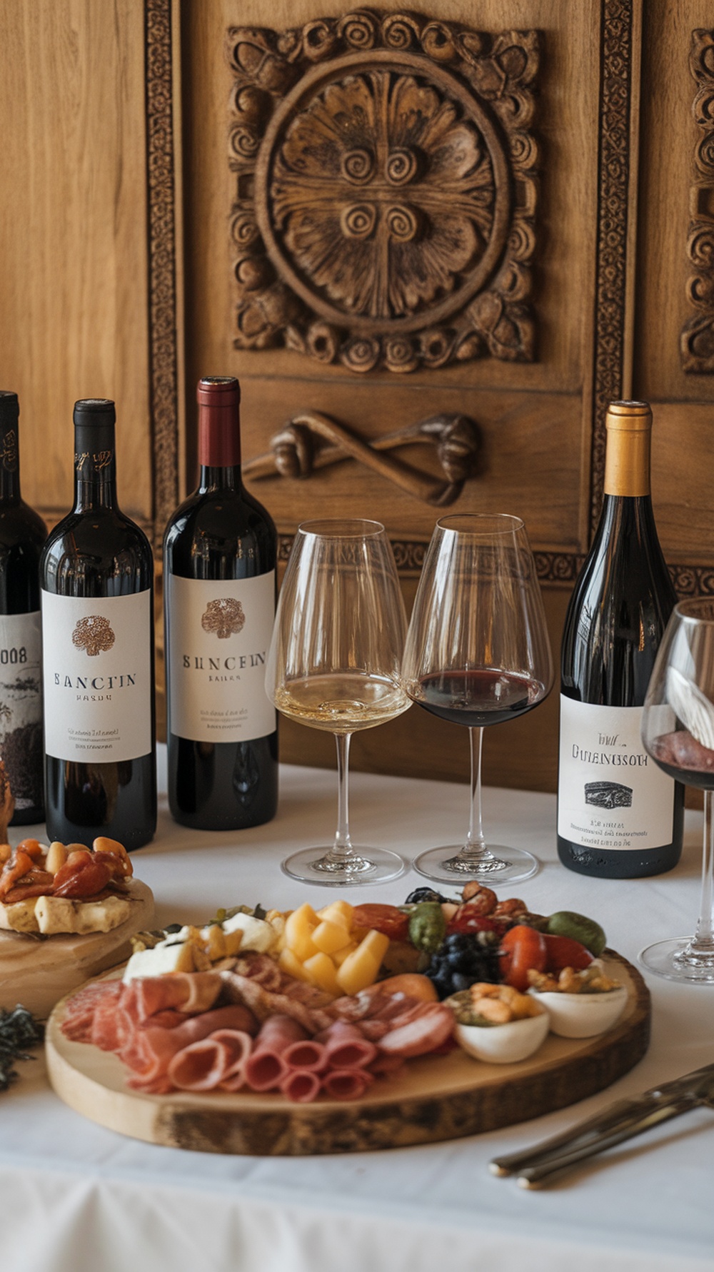 A table set for a wine tasting evening with various bottles of wine and a platter of snacks.