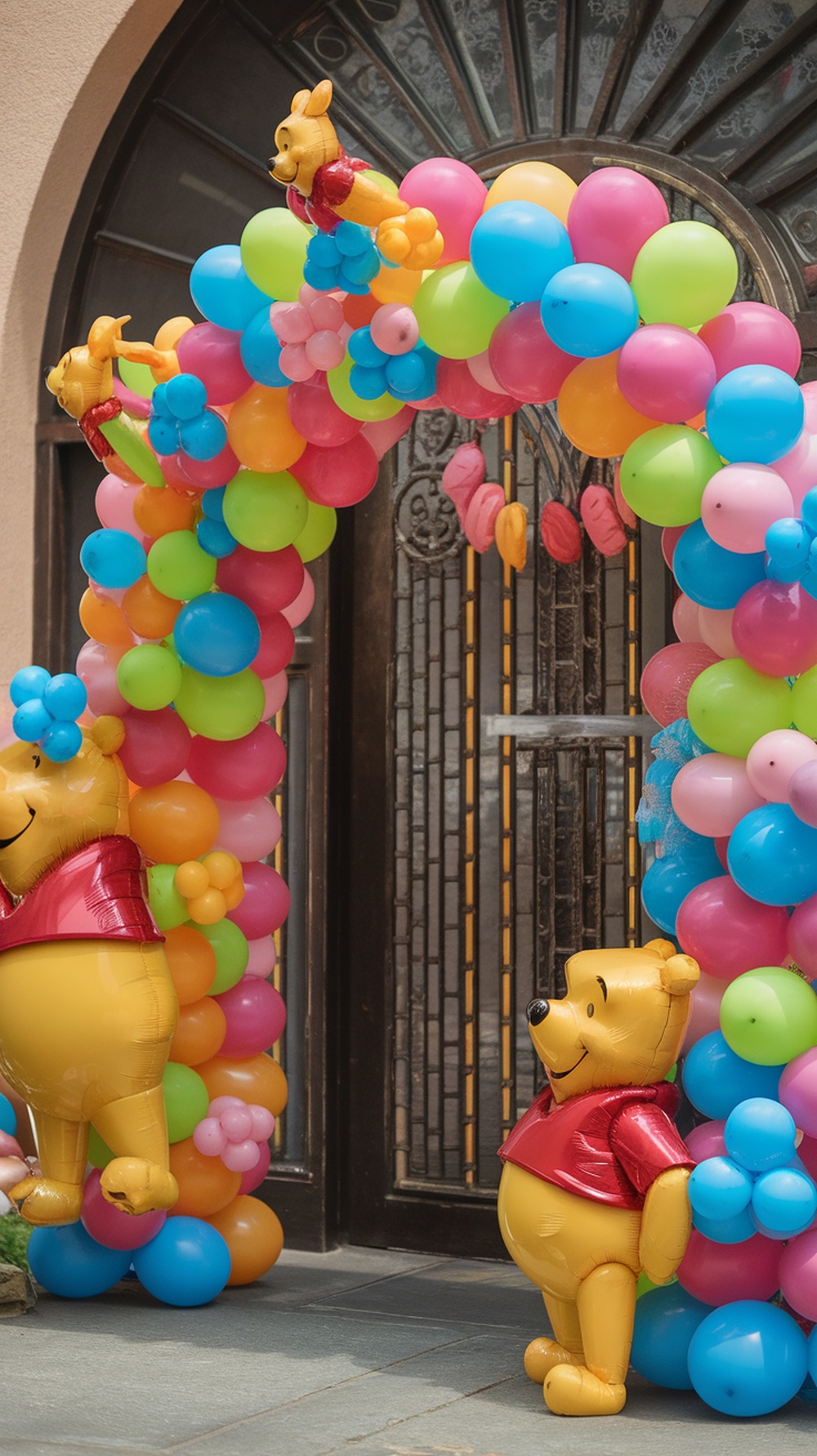 A colorful balloon arch featuring Winnie the Pooh decorations.