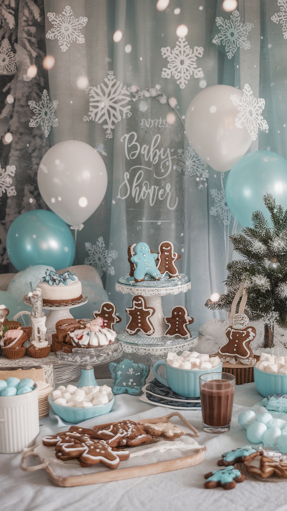 A beautifully arranged winter wonderland baby shower setup featuring gingerbread cookies, hot cocoa, and snowflake decorations.
