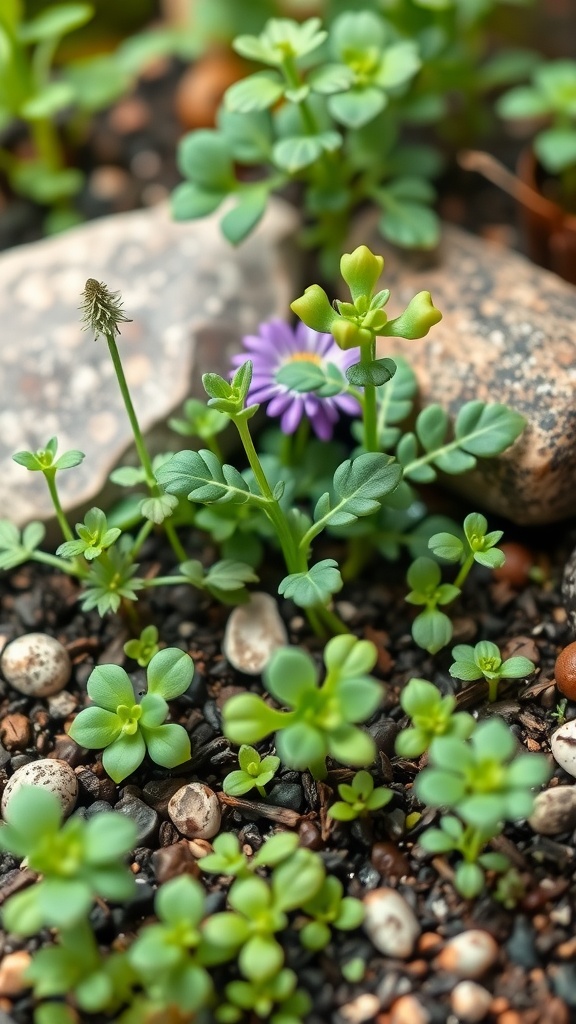 A close-up view of various young herbs growing in soil, showcasing their green leaves and small pebbles.