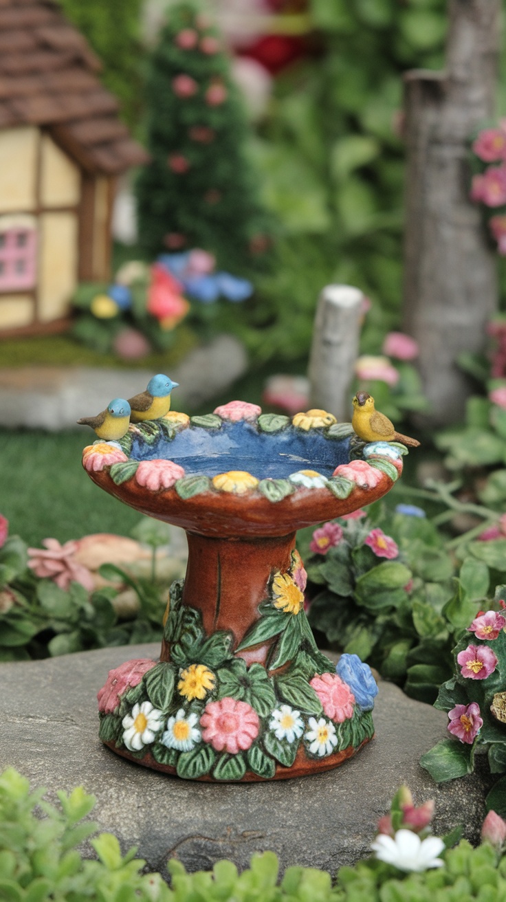A charming birdbath with decorative birds, surrounded by colorful flowers in a fairy garden.