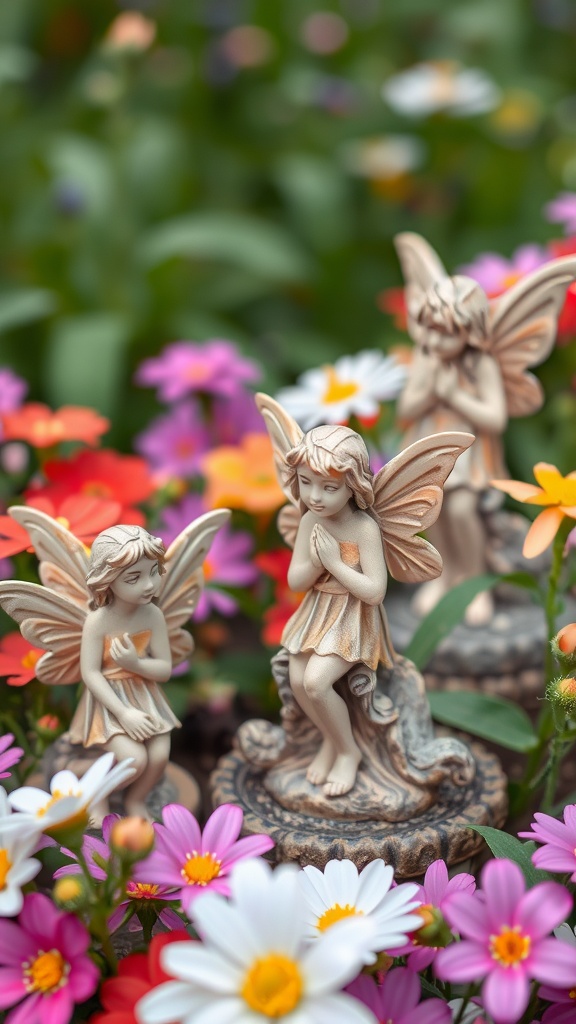 Colorful fairy statues among vibrant flowers in a fairy garden