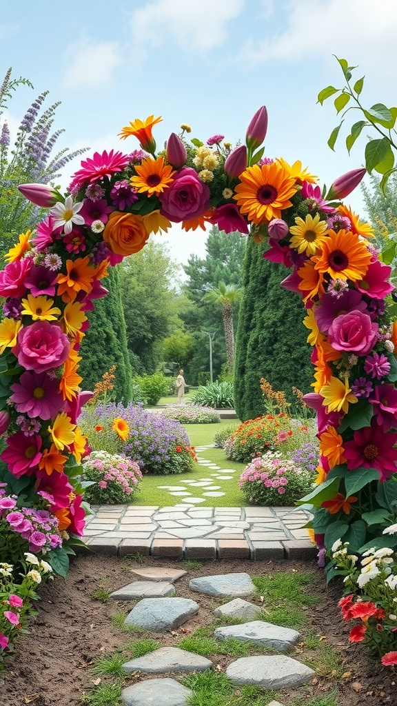 A vibrant flower arch with colorful flowers leading to a beautiful garden path.
