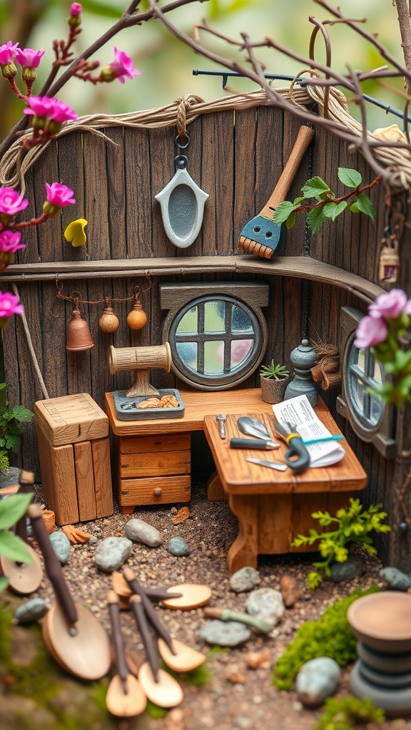 A cute fairy workshop with wooden walls, tools hanging, and a small desk filled with items.