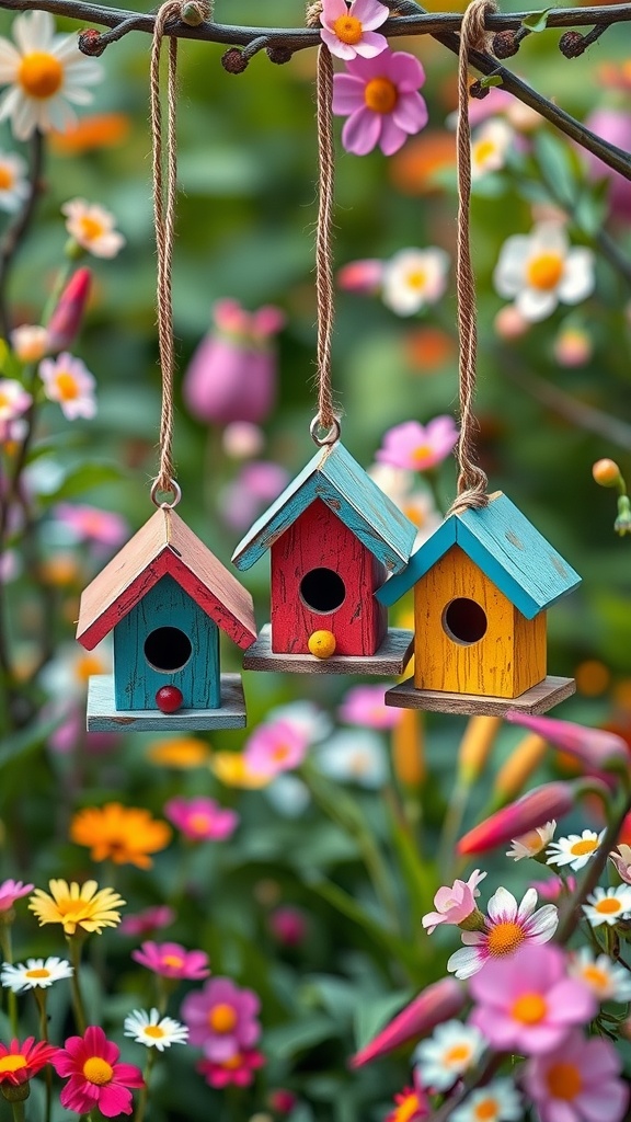 Colorful fairy birdhouses hanging amidst vibrant flowers in a garden