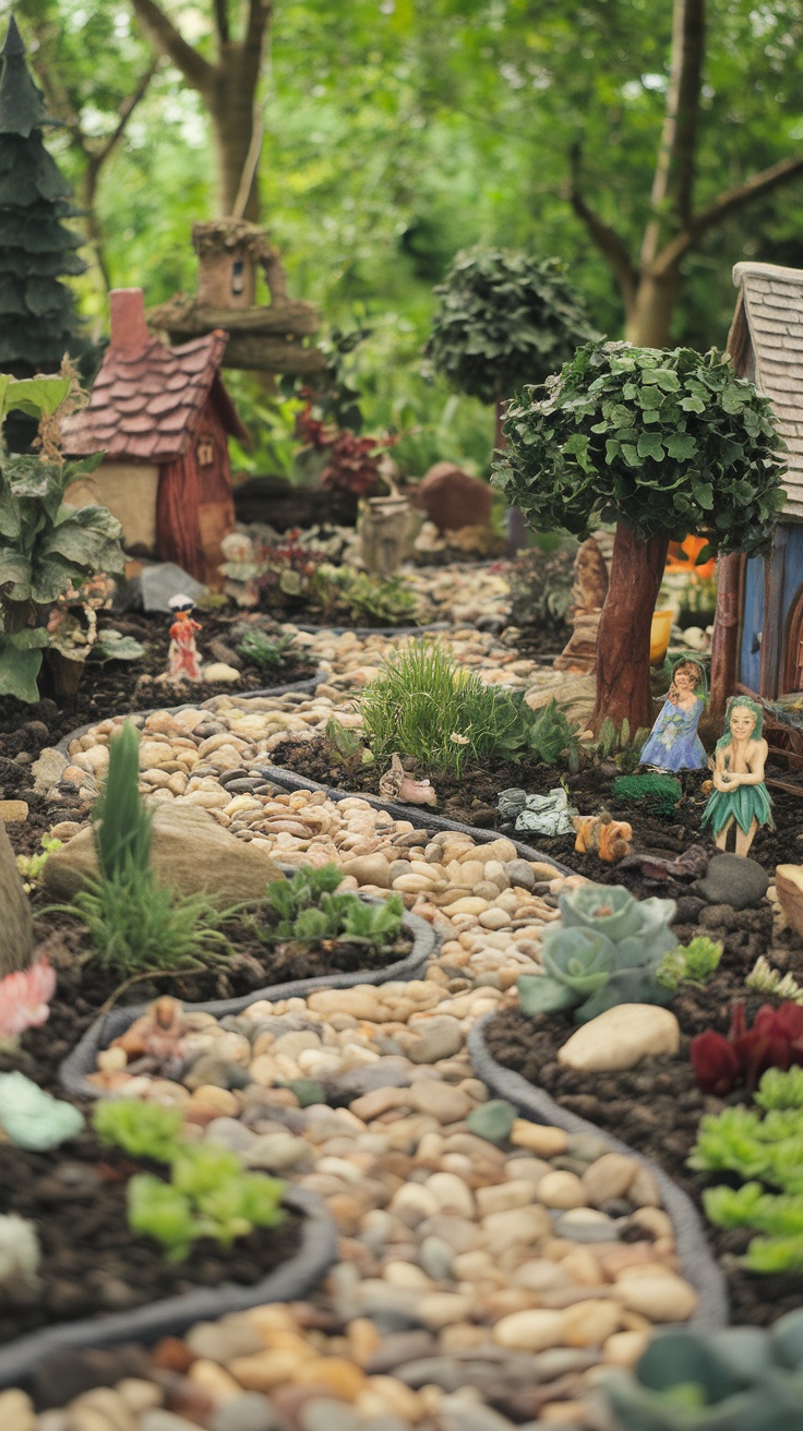 A beautifully crafted fairy garden with a winding pebble pathway surrounded by colorful flowers and tiny fairy houses.