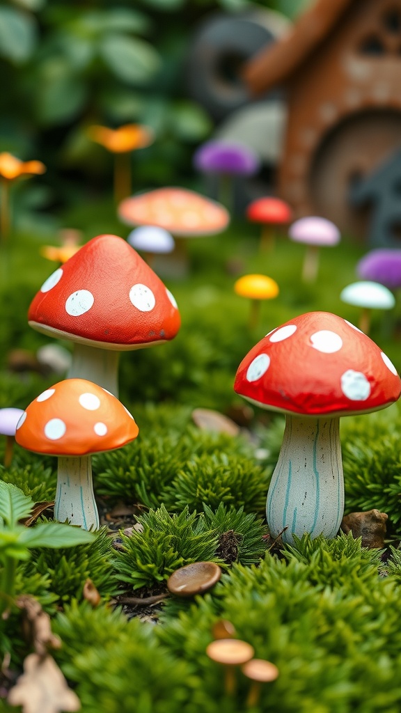 Colorful mushroom seats in a fairy garden setting