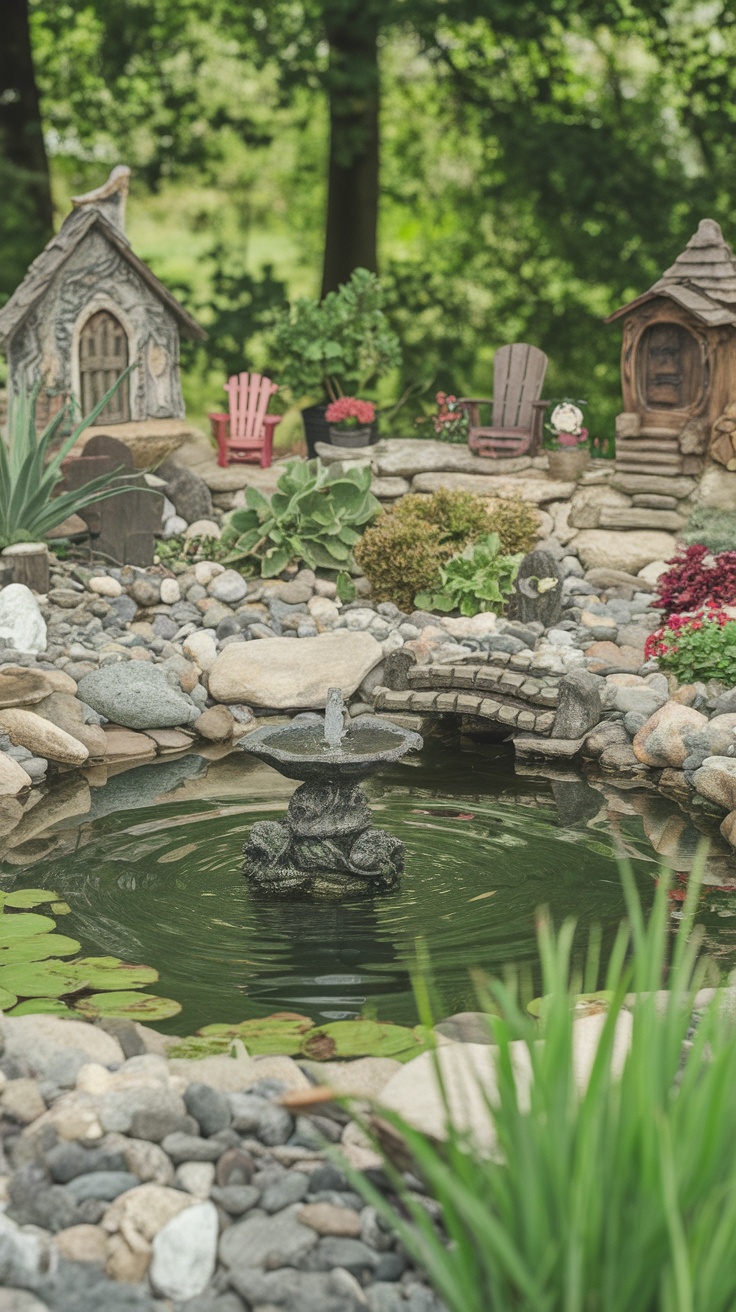 Miniature pond with stones and plants surrounded by a lush garden