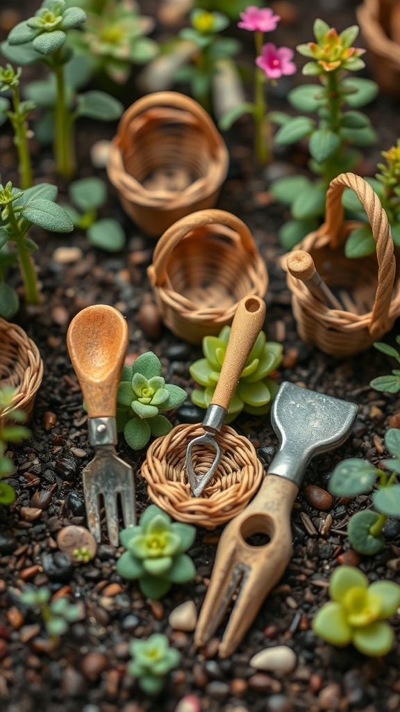 Miniature gardening tools and a woven basket among tiny plants
