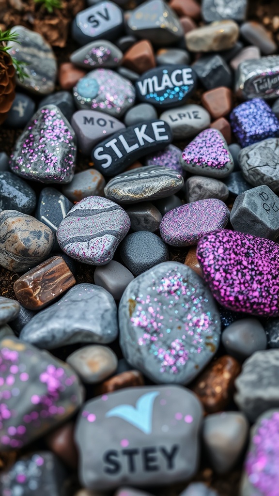 A collection of glittering rocks in various colors, some painted with fun words and symbols.