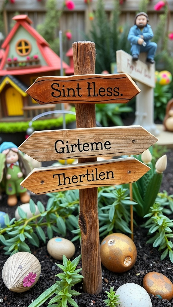 Wooden signpost with whimsical names in a fairy garden.