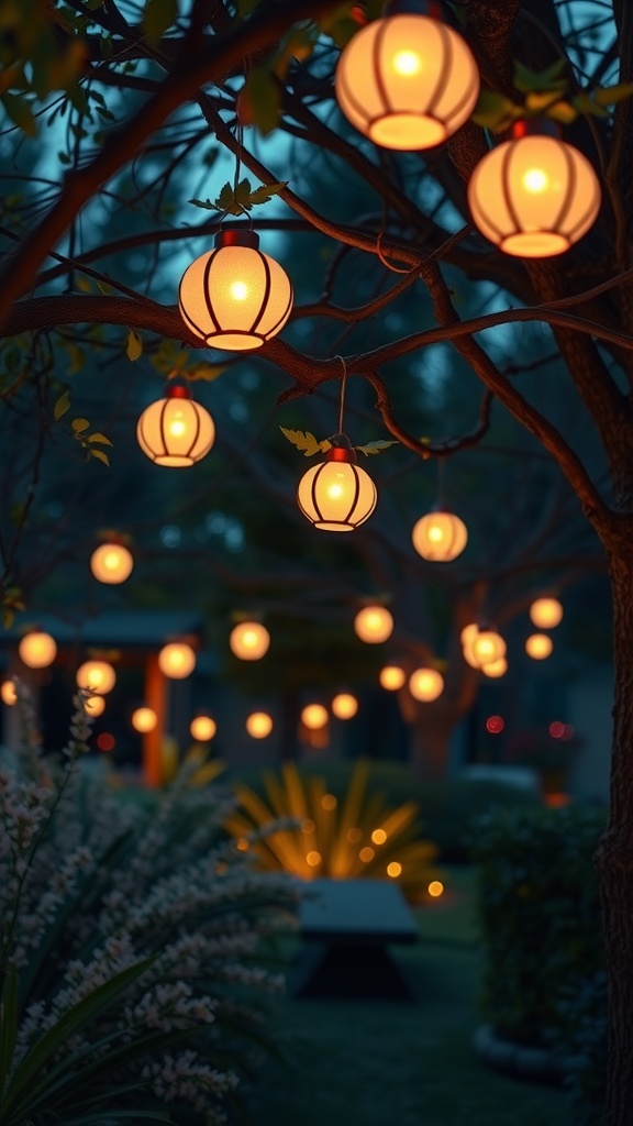 A beautiful garden scene with hanging lanterns glowing warmly in the evening light.