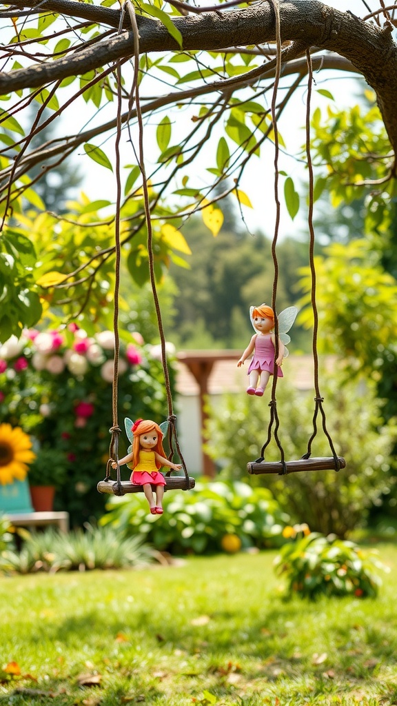 Two fairy dolls on small swings hanging from a tree branch