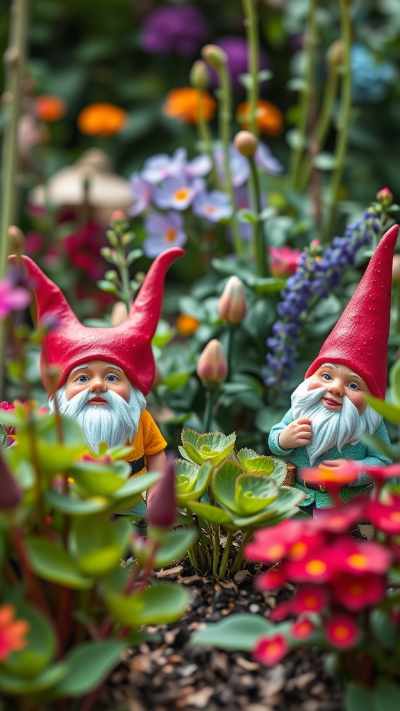 Two cheerful garden gnomes among colorful flowers in a garden