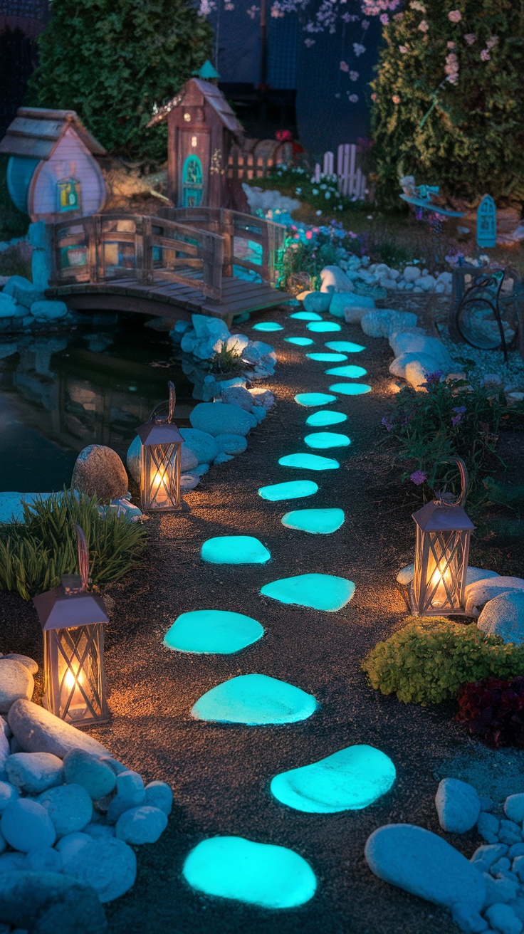 Glow-in-the-dark path lights illuminating a whimsical garden pathway at night.