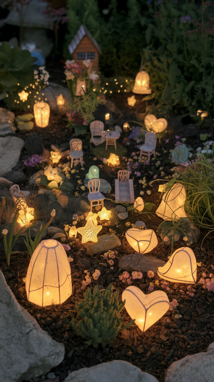 A pathway illuminated by glowing lanterns surrounded by flowers in a fairy garden.