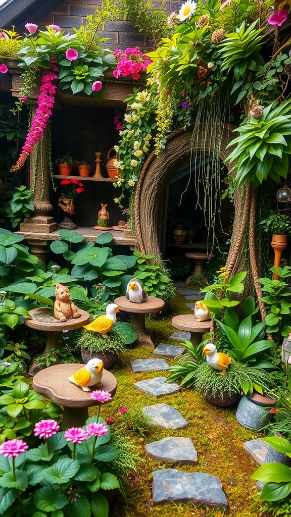 A beautiful overgrown garden with colorful flowers, a winding path, and whimsical architecture