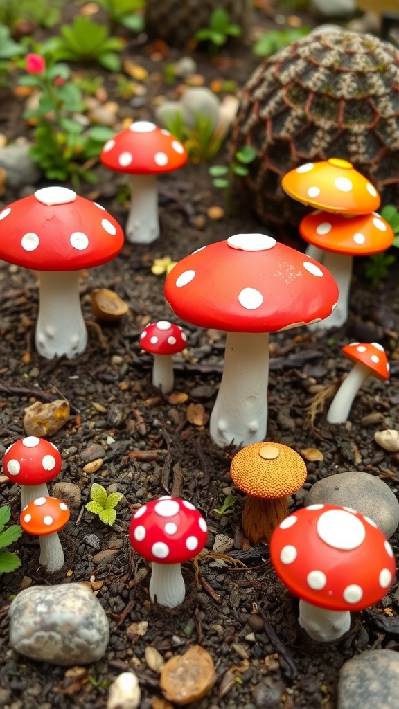 Colorful mushroom stools in a fairy garden, surrounded by miniature plants and flowers.