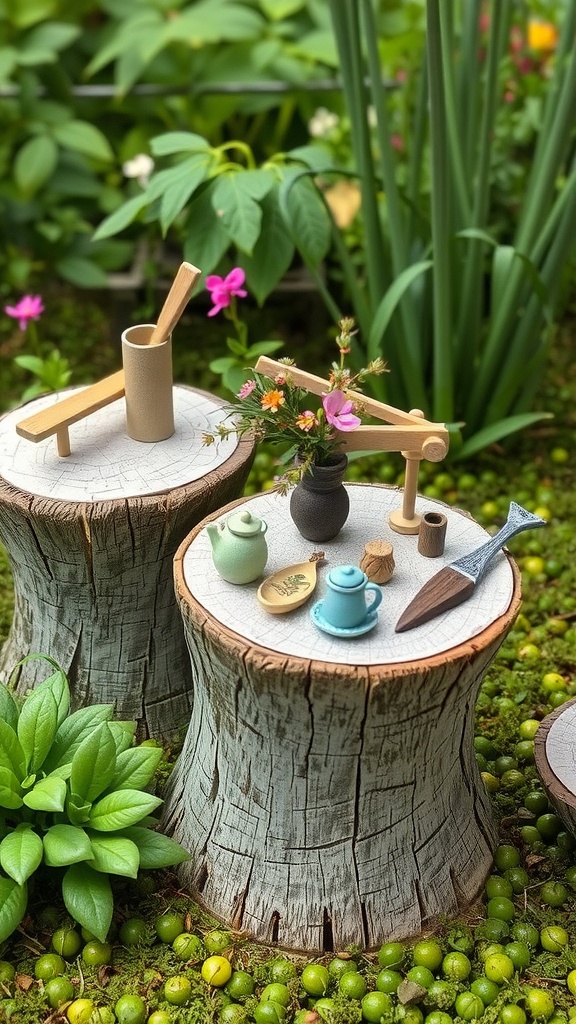 Two tree stumps with flower pots and a teapot in a green garden setting.