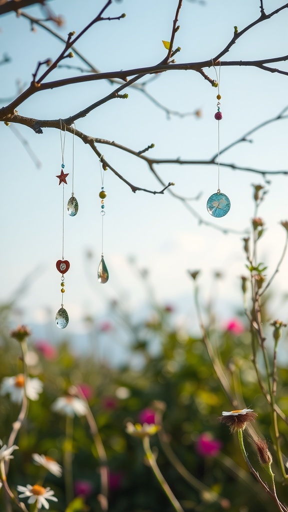 Colorful wind chimes hanging from a branch in a garden