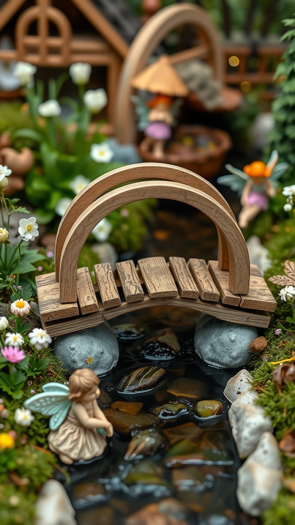 Miniature wooden bridge over a stream in a whimsical fairy garden with flowers and fairy figurines.
