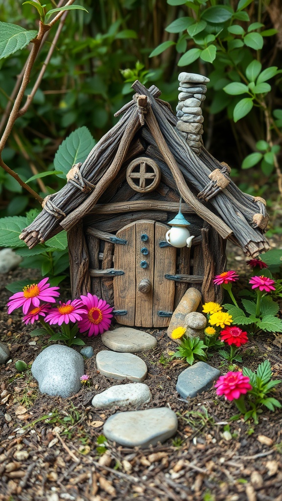 A miniature fairy house surrounded by colorful flowers and stones