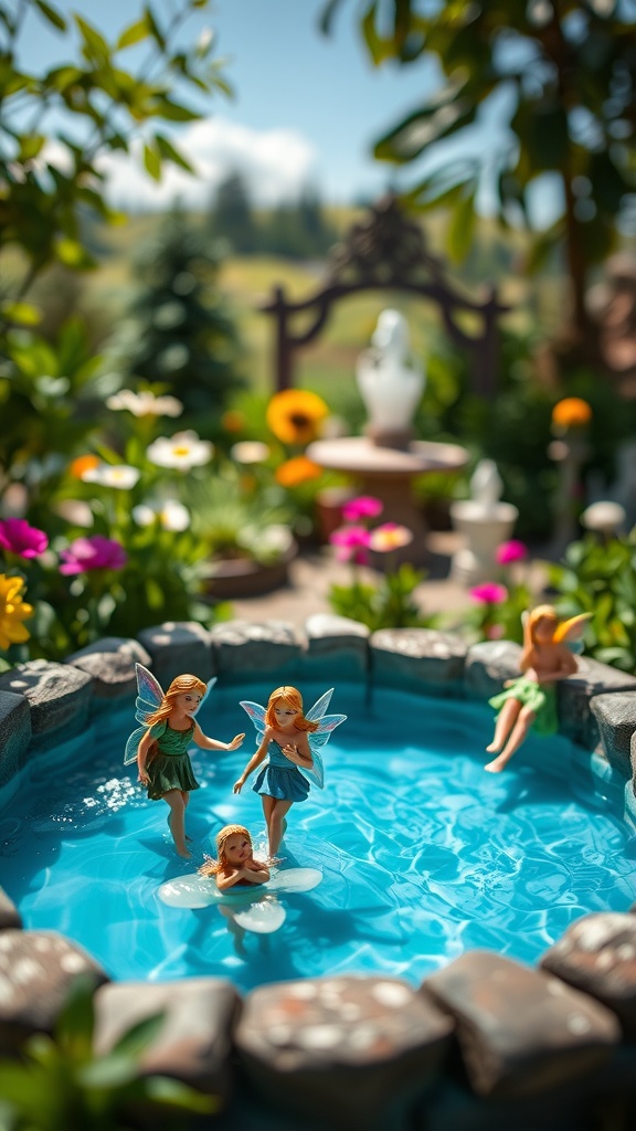 A miniature fairy pool with small fairy figurines surrounded by colorful flowers.