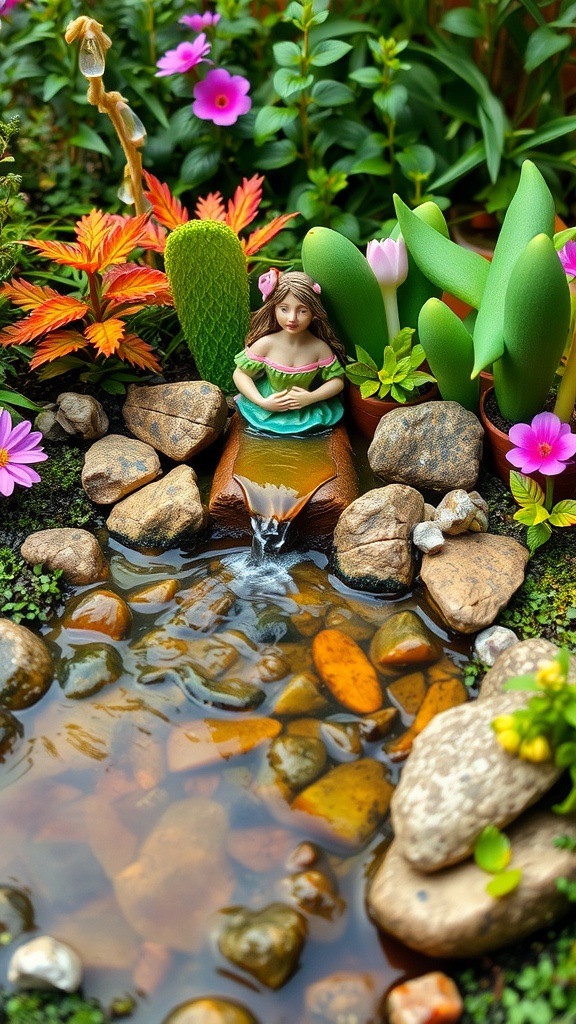A miniature water feature in a fairy garden with a small pond, stones, and colorful plants