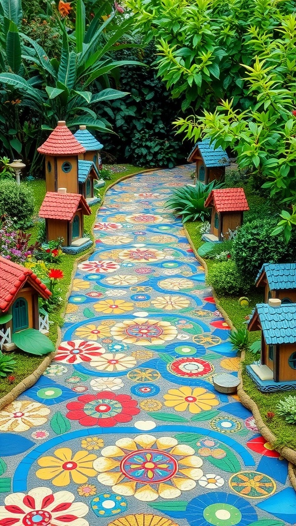 Colorful mosaic tile pathway in a whimsical fairy garden with tiny houses and lush greenery.