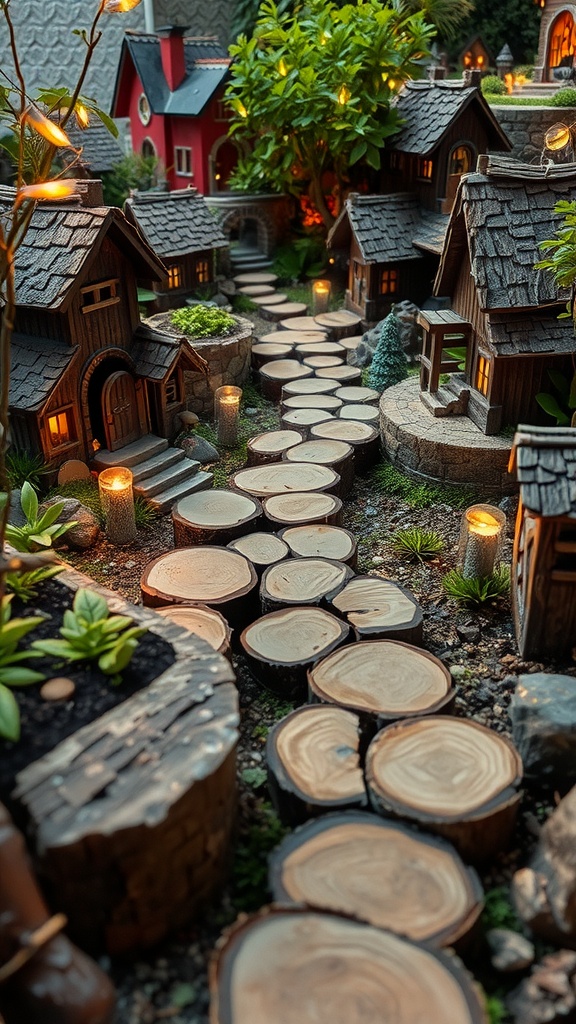 A whimsical garden pathway made of logs and stones, surrounded by fairy houses and greenery.