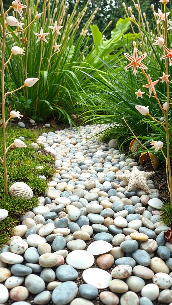 A garden pathway made of pebbles and seashells surrounded by greenery.