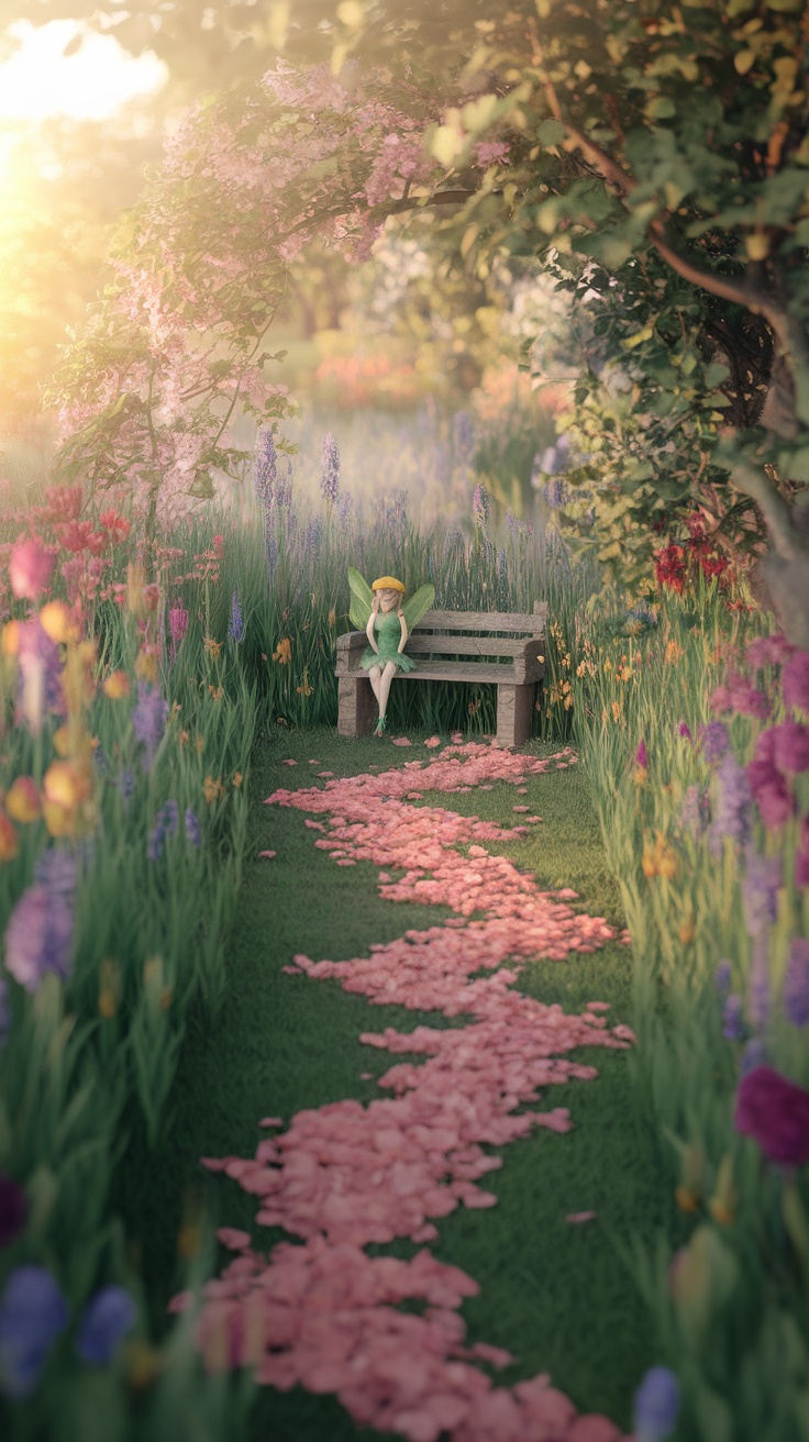A beautiful petal pathway in a fairy garden, surrounded by vibrant flowers and greenery.